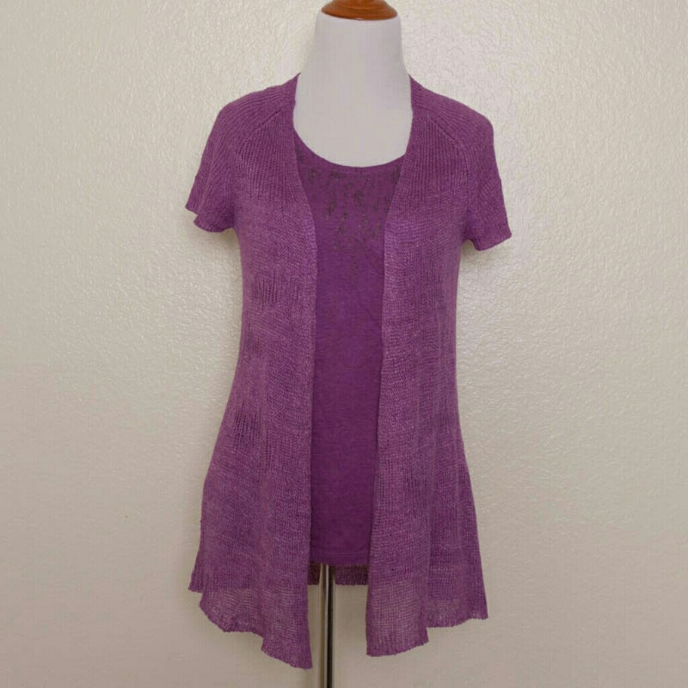 Eileen Fisher Purple Layered Short-Sleeve Open Cardigan and tank top